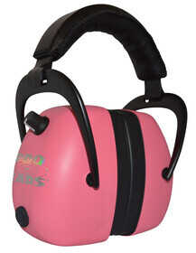 Pro Ears Gold II electronic hearing protection with pink cups and gold Pro Ears logo.